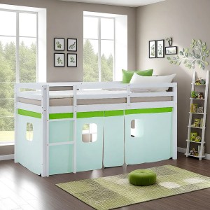 Homestyle4u Kinder Hochbett 90x200 mit grünem Vorhang und Lattenrost.