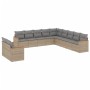 Beige 11-tlg. Rattan Garten-Sofagarnitur mit grauen Kissen und Holzarmlehnen.
