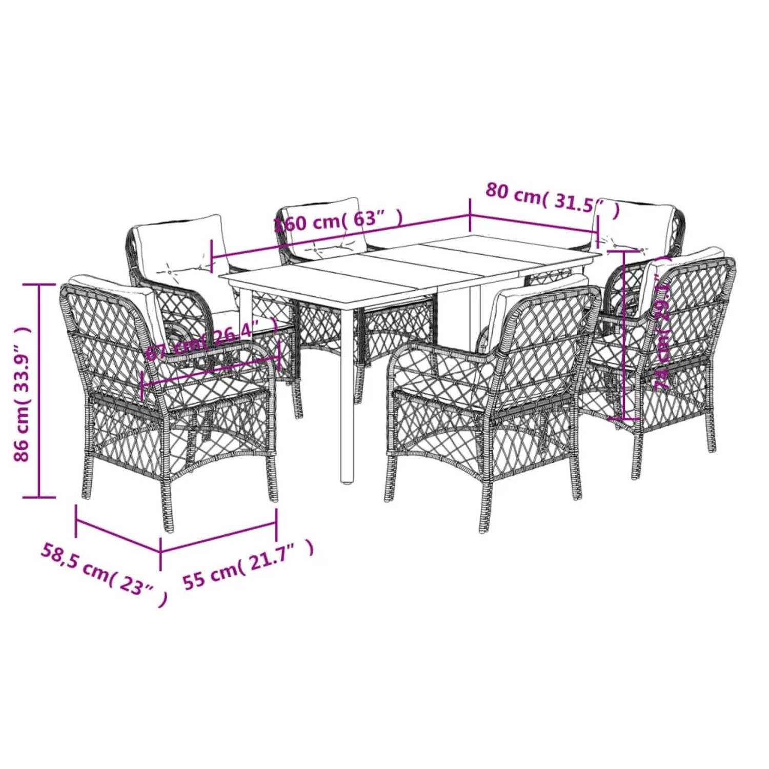 vidaXL 7-tlg. Garten-Essgruppe mit beigemischtem Poly Rattan und Kissen. Gartenmöbel-Set mit Tisch und 6 Stühlen.