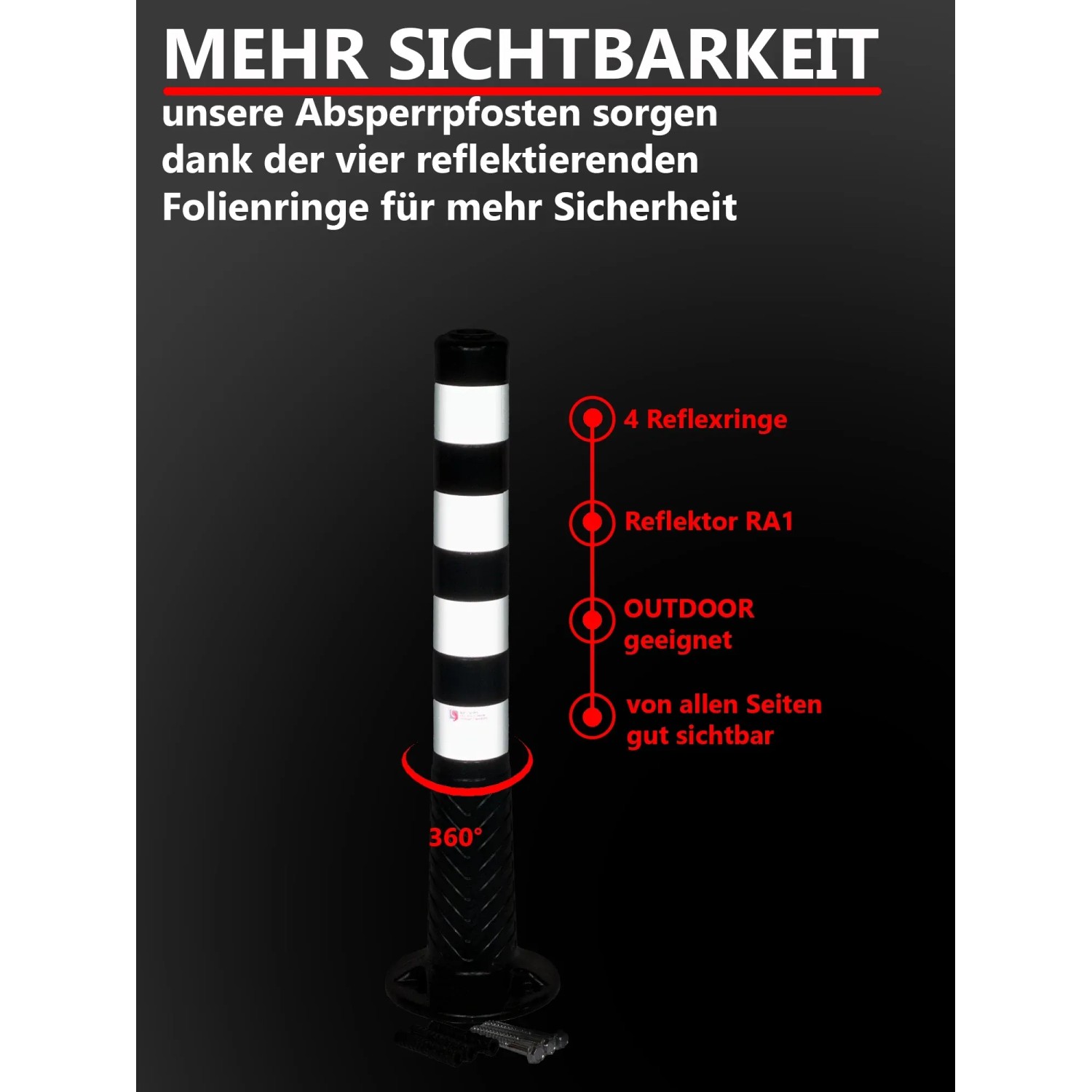 Schwarzer Absperrpfosten Ecoline, 100cm, mit Reflexstreifen und Befestigung.