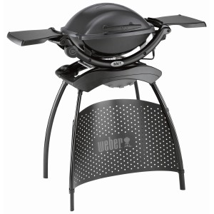 Weber Q1400 Elektro-Standgrill mit Seitentischen, 2200 W, ideal für Balkon und Garten.