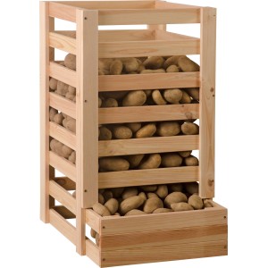OBI Kartoffelkiste aus Kiefernholz, gefüllt mit Kartoffeln. Praktische Aufbewahrung mit Schütte.