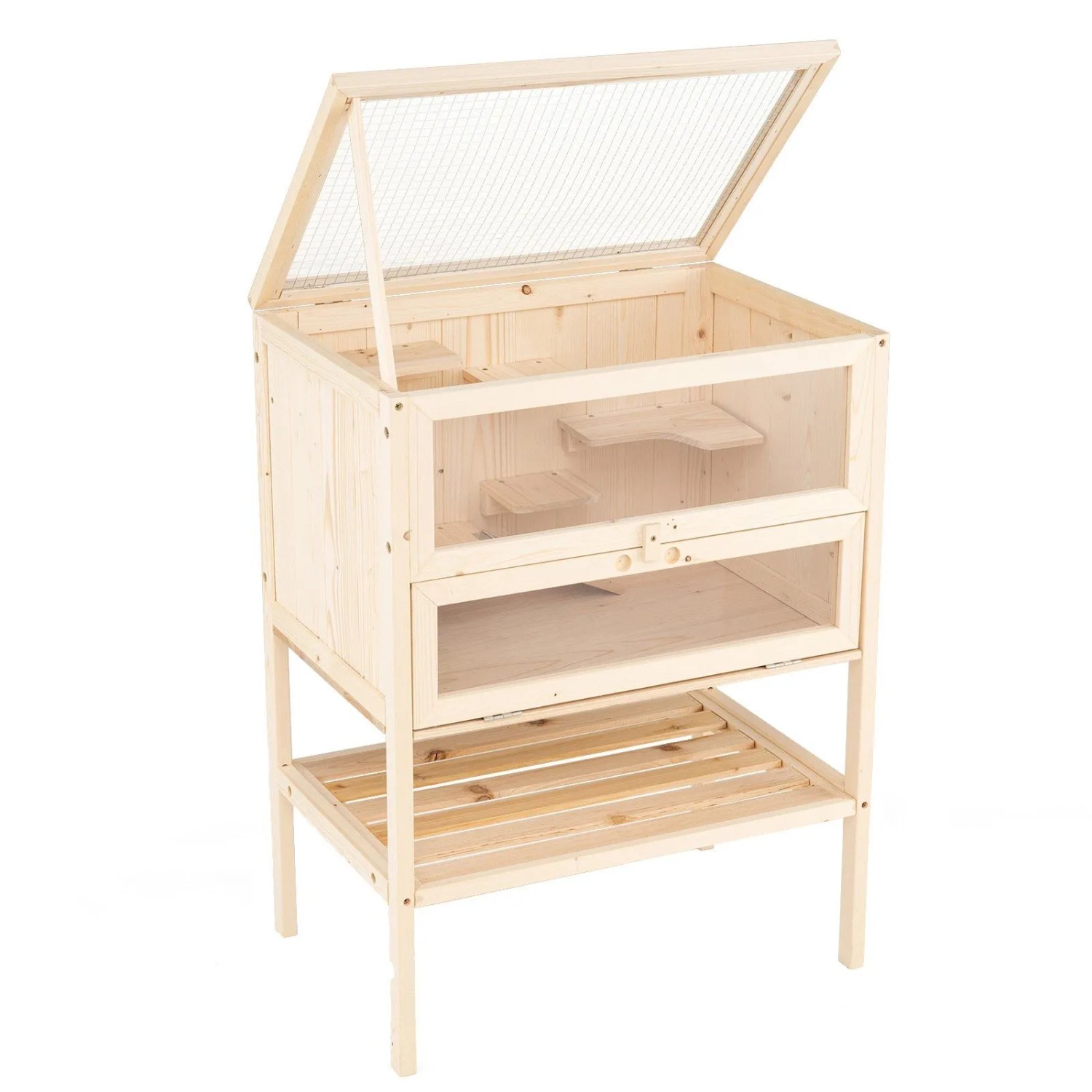 Costway Holz Kleintierkäfig mit Rampe Natur 60 x 40 x 80 cm