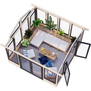 Palmako Pavillon Isabella, 401x401 cm, naturbelassen. Gartenlaube mit Glasfronten und Inneneinrichtung.
