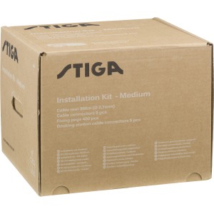 Stiga Installationskit Medium für G Rasenroboter, Karton mit Kabel, Heringen und Verbindern.