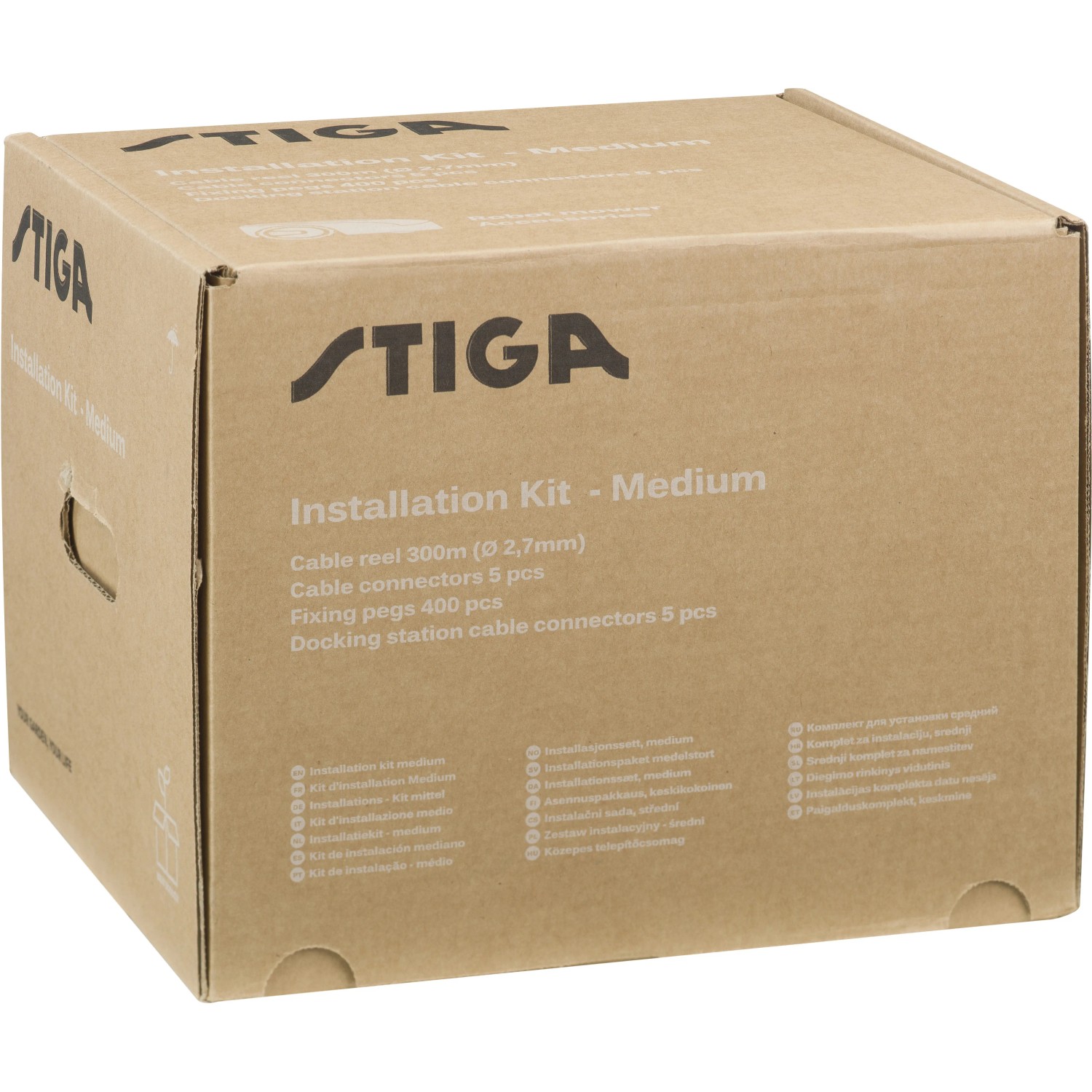 Stiga Installationskit Medium für G Rasenroboter, Karton mit Kabel, Heringen und Verbindern.