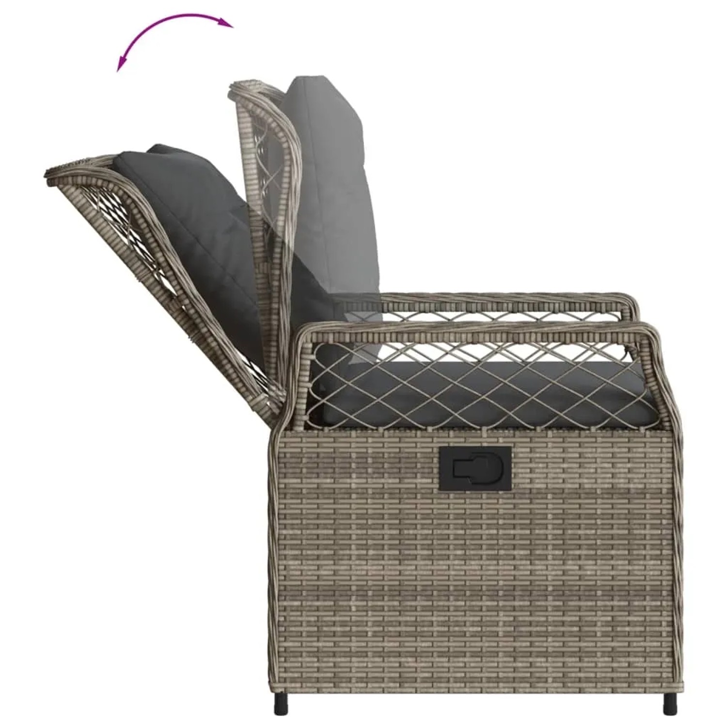 Verstellbarer Gartenstuhl aus grauem Rattan mit Kissen, Teil der vidaXL 3-Tlg Garten-Essgruppe.
