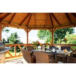 Skan Holz Pavillon Lyon 3 aus Douglasie (Nuss) mit Sitzgruppe und Grill.