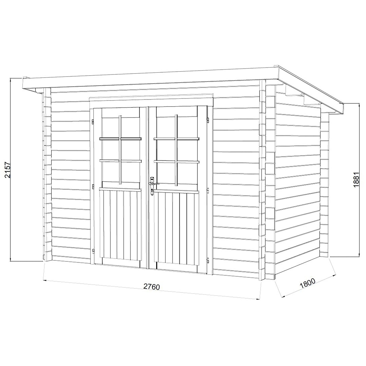 Skizze Palmako Gartenhaus Alice, braun kesseldruckimprägniert, 276x180 cm, mit Maßen.