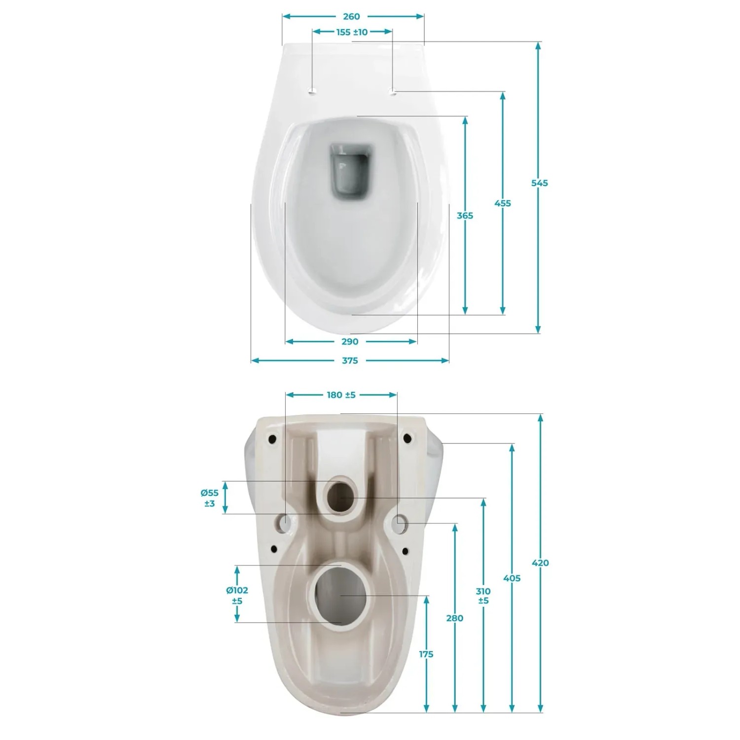 Maße des Calmwaters Wand-WC Sets: Erhöhtes Hänge-WC mit WC-Sitz in Weiß, technische Zeichnung.