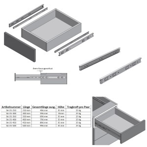 MS Beschläge Vollauszug Schubladenauszug, 300 mm Schiene, für Küchen-, Büro- oder Werkstattmöbel.