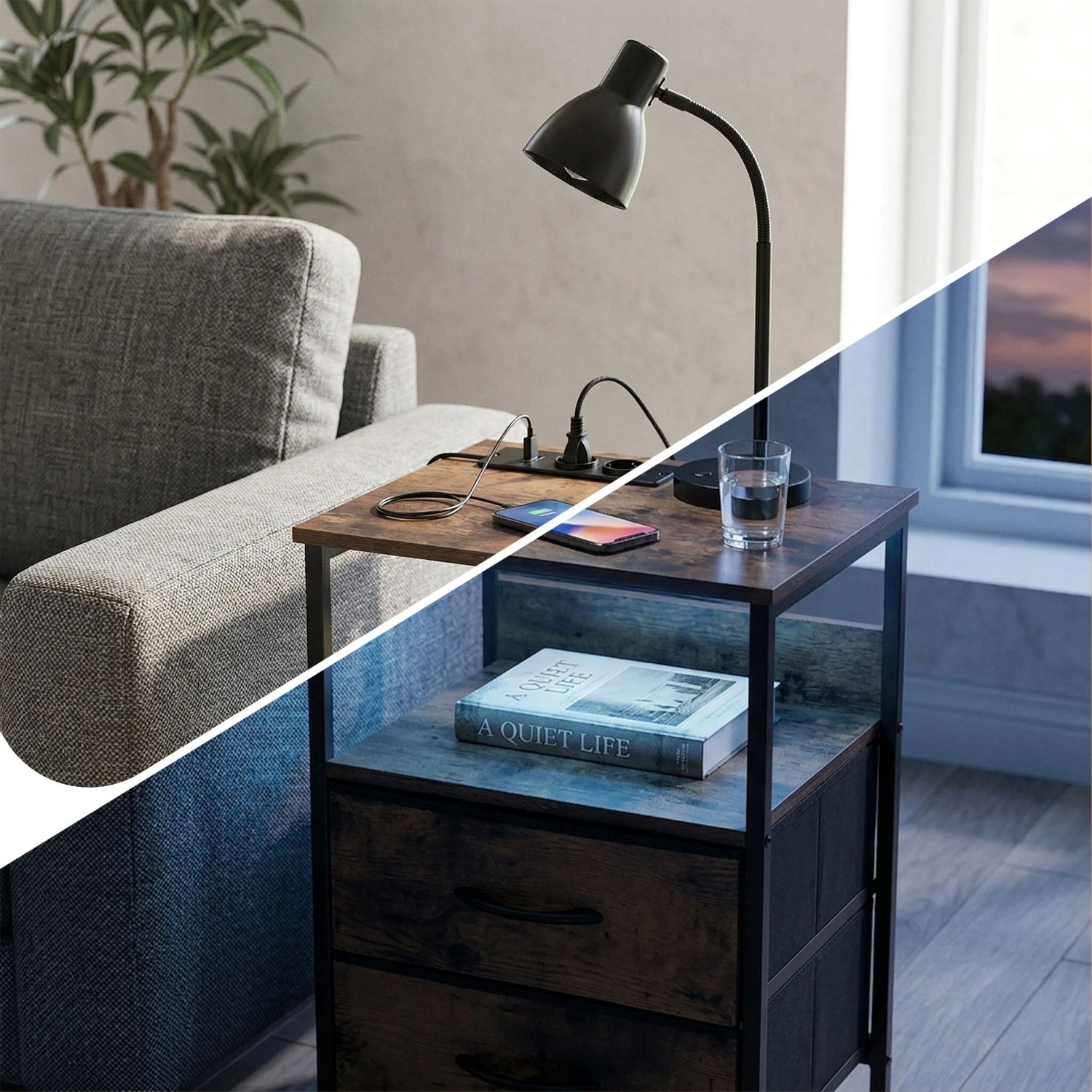 Relaxdays Beistelltisch MDF Eisen Vlies Vintagebraun LED USB-Anschluss Dimmbar 60 cm x 40 cm x 30 cm_5
