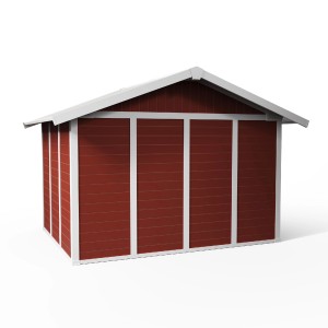 Rotes Grosfillex Kunststoff-Gartenhaus Deco H 7.5 mit Doppeltür und weißem Rahmen.