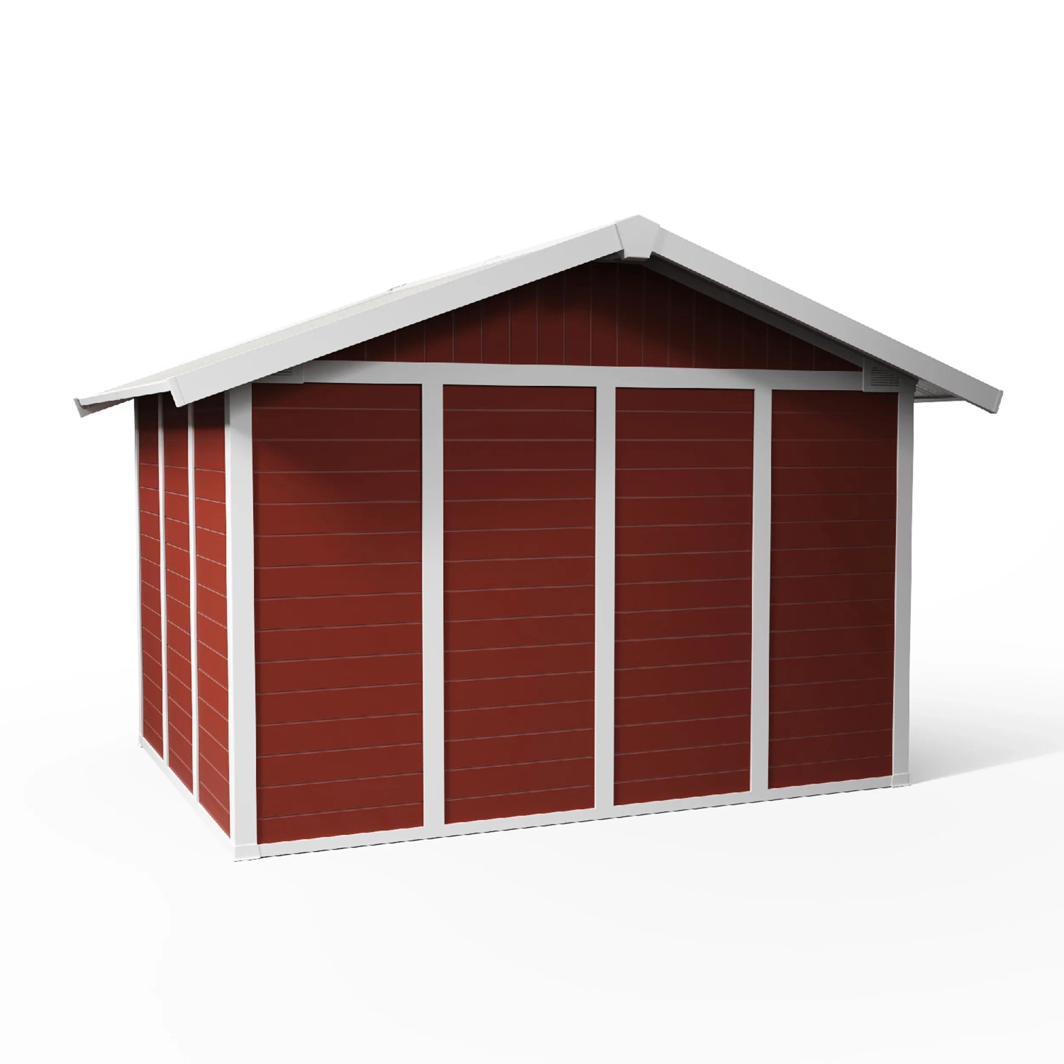Rotes Grosfillex Kunststoff-Gartenhaus Deco H 7.5 mit Doppeltür und weißem Rahmen.
