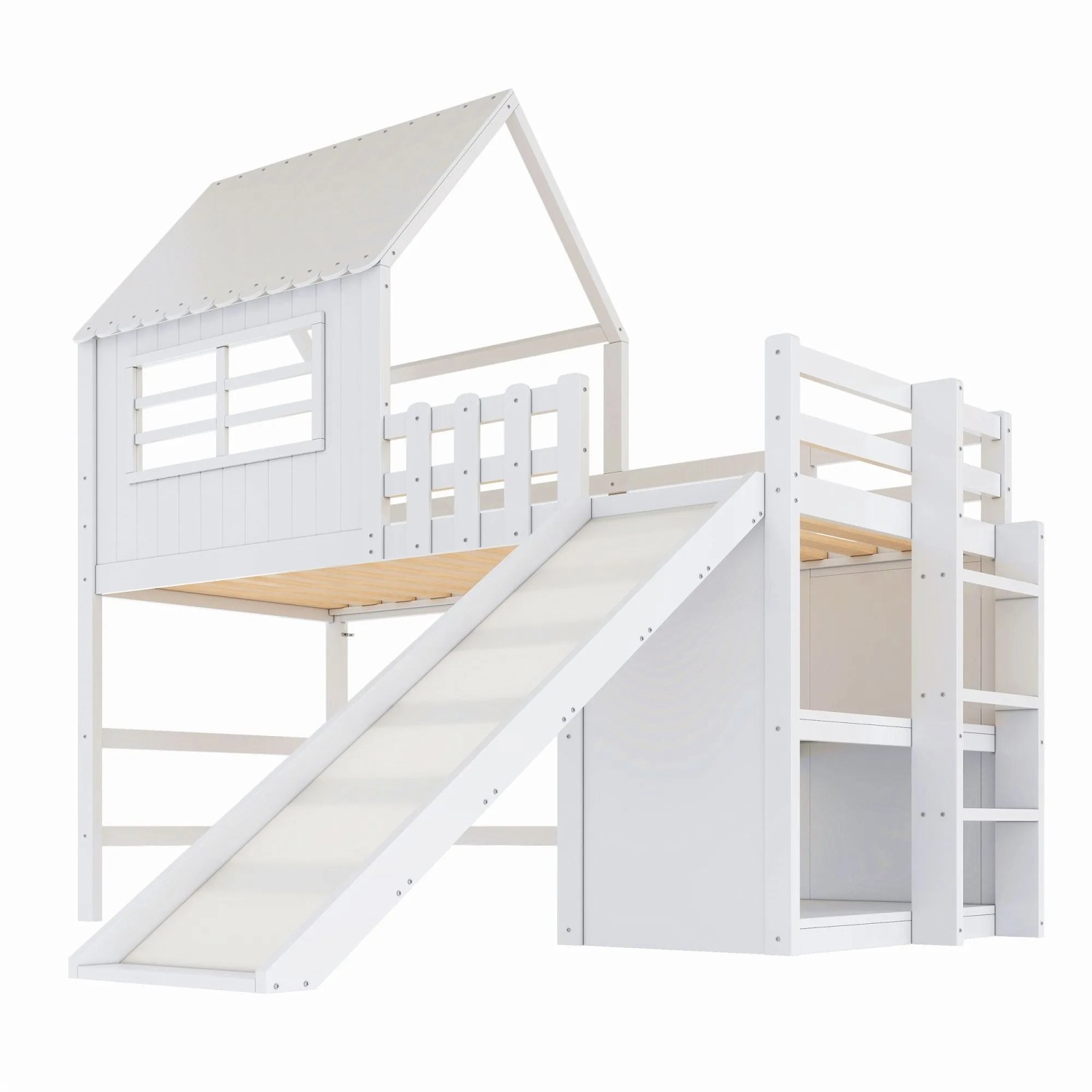 okwish Hochbett 90x200cm mit Sicherheitsrutsche und Ablagefächern Weiß ohne Matratze
