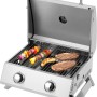 Tepro Chicago Tisch-Gasgrill aus Edelstahl mit Grillgut, offener Deckel.