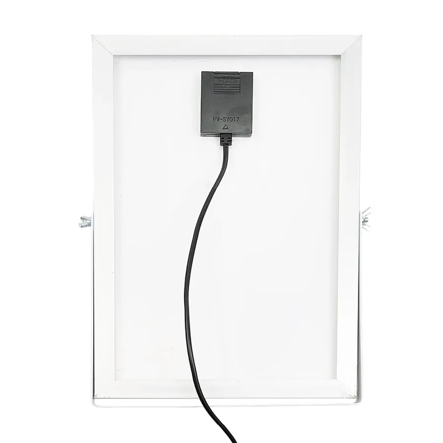 Rückansicht des LUXULA LED Solarstrahlers mit Kabel und Solarpanel in Weiß und Schwarz.