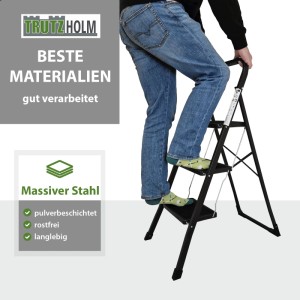 TRUTZHOLM Trittleiter mit 3 Stufen, klappbar, aus Stahl, belastbar bis 150 kg.