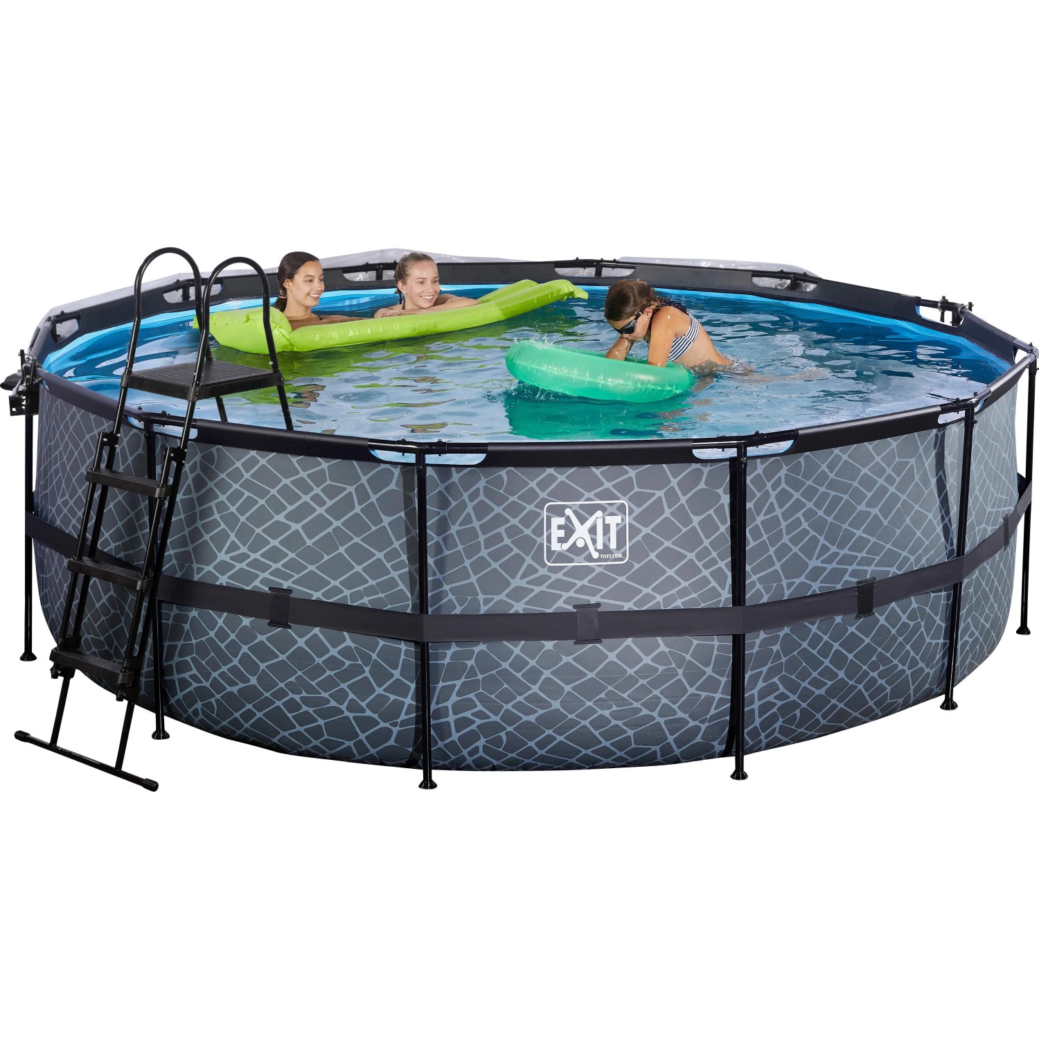 Grauer EXIT Stone Pool ø 427 mit Poolleiter und spielenden Kindern im Wasser.
