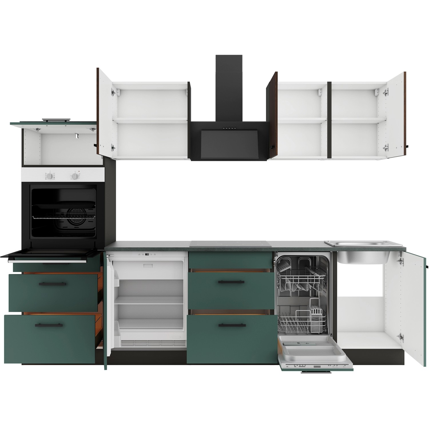 OPTIFIT Rimini409/Verona405 Küchenzeile 270 cm Rillendekor Nussbaum / Stein günstig online kaufen