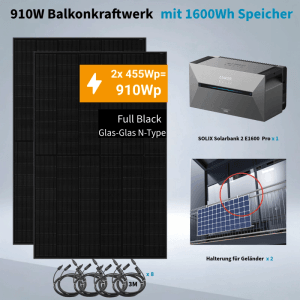 Anker Solix 2 Pro 900W Balkonkraftwerk mit 2 Solarmodulen, Speicher und Halterung für das Geländer.