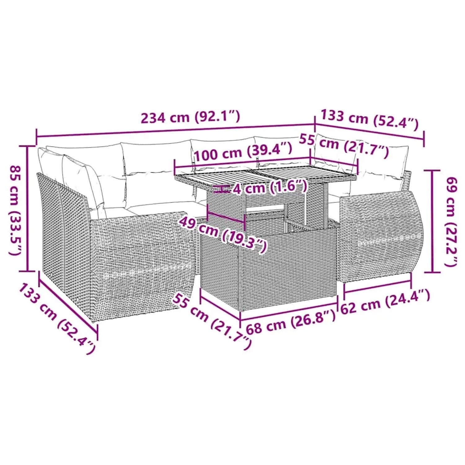 vidaXL 7-tlg. Garten-Sofagarnitur, schwarzes Poly Rattan, mit Maßangaben.