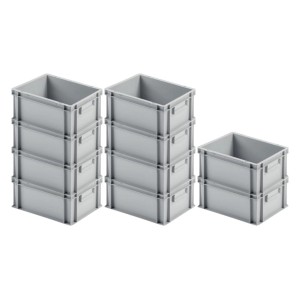 SuperSparSet: 10 graue Eurobehälter (16L) mit geschlossenem Griff, gestapelt. Aufbewahrungsboxen für Transport und Lagerung.