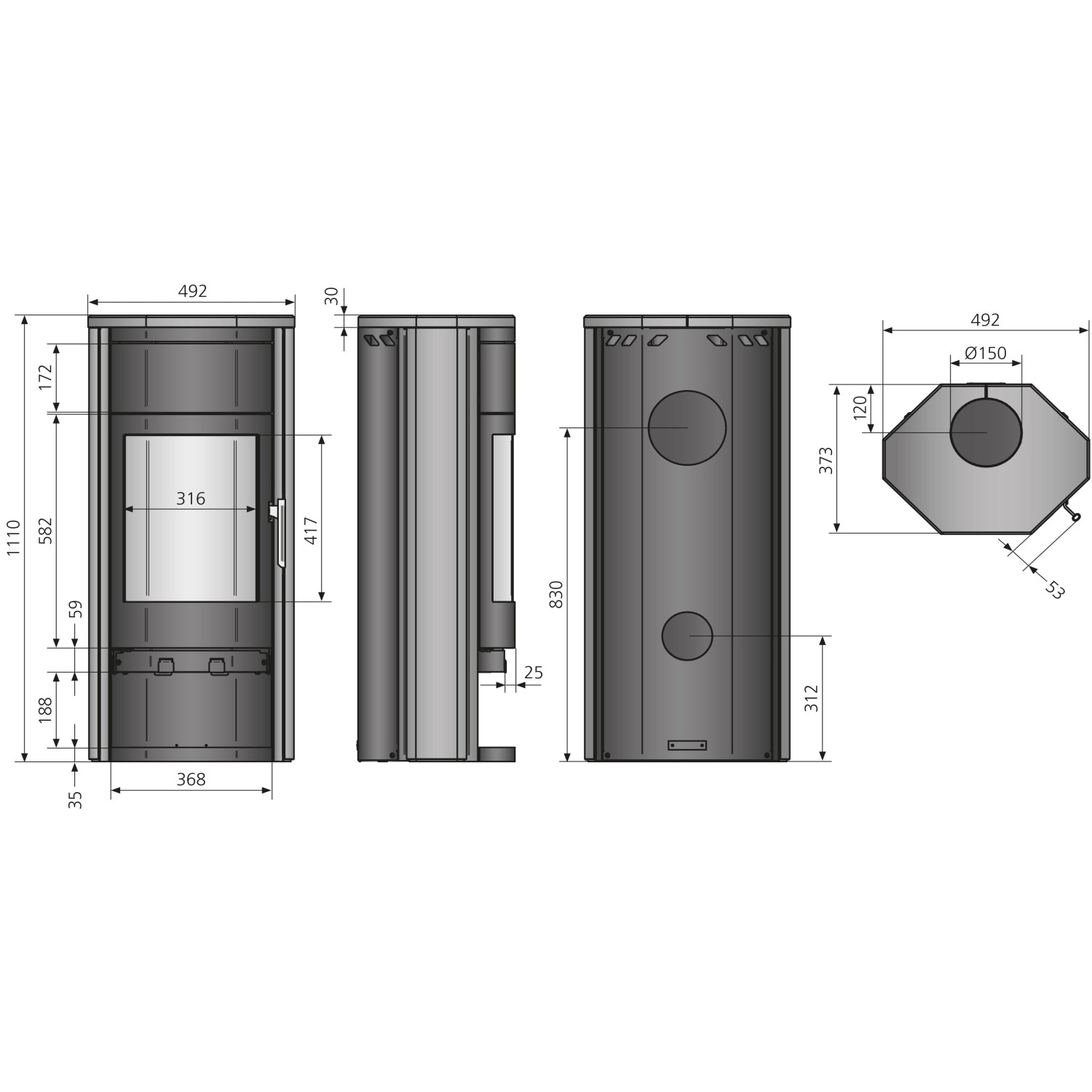Technische Zeichnung des schwarzen Justus Usedom W+ Kaminofens (5 kW) mit Maßen und Ansichten.