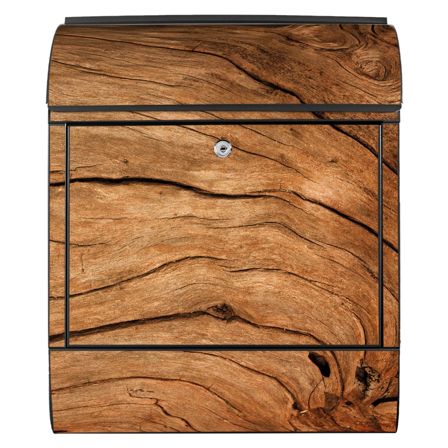 Schwarzer Banjado Design Briefkasten mit Holz Motiv und Zeitungsfach, pulverbeschichtet.