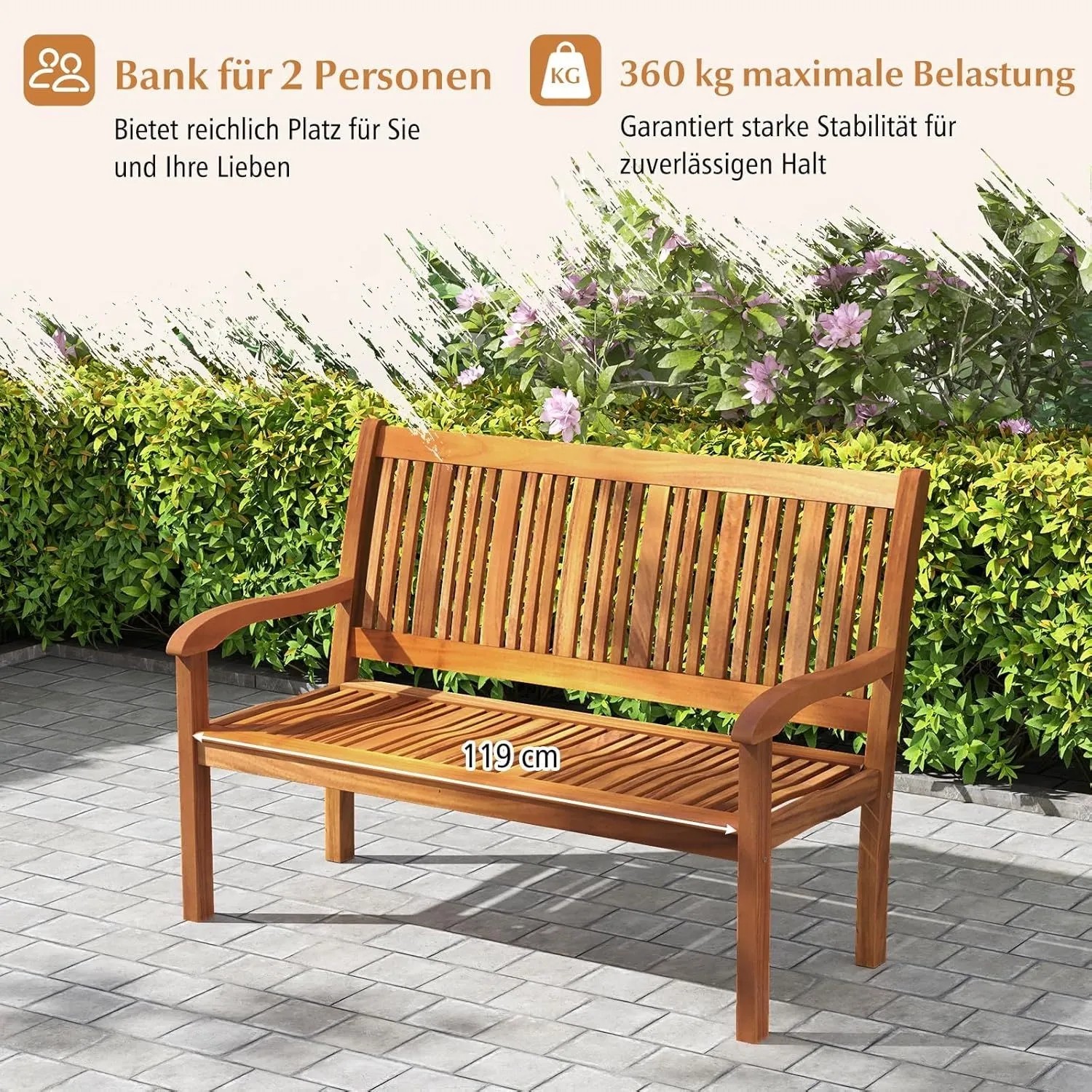 Costway Gartenbank Akazienholz 2-3 Sitzer, 360 kg belastbar, mit Latten und Armlehnen im Garten.