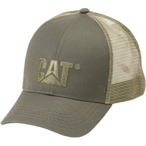 Olivgrüne Cat Kappe mit Logo und Mesh-Einsatz für gute Belüftung. Arbeitskleidung Zubehör.