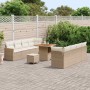 Beiges 11-teiliges vidaXL Garten-Sofa-Set aus Poly Rattan mit Tisch und Kissen.