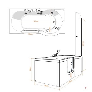 Skizze der AcquaVapore Seniorendusche und Badewanne mit Tür, Maße 170x85 cm.