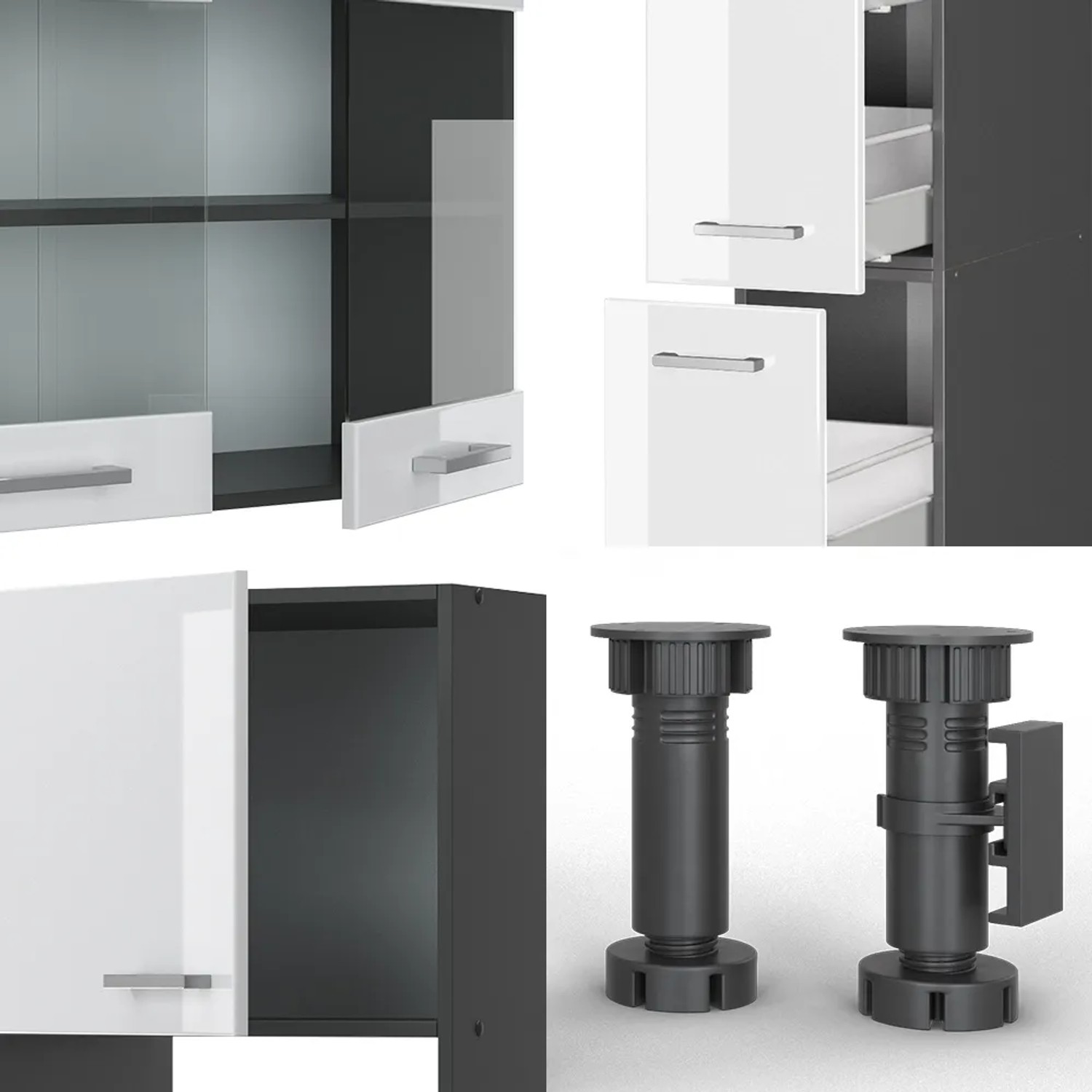 Detailansicht Vicco R-Line Küche, weiß hochglanz/anthrazit mit Eiche Arbeitsplatte und verstellbaren Füßen.