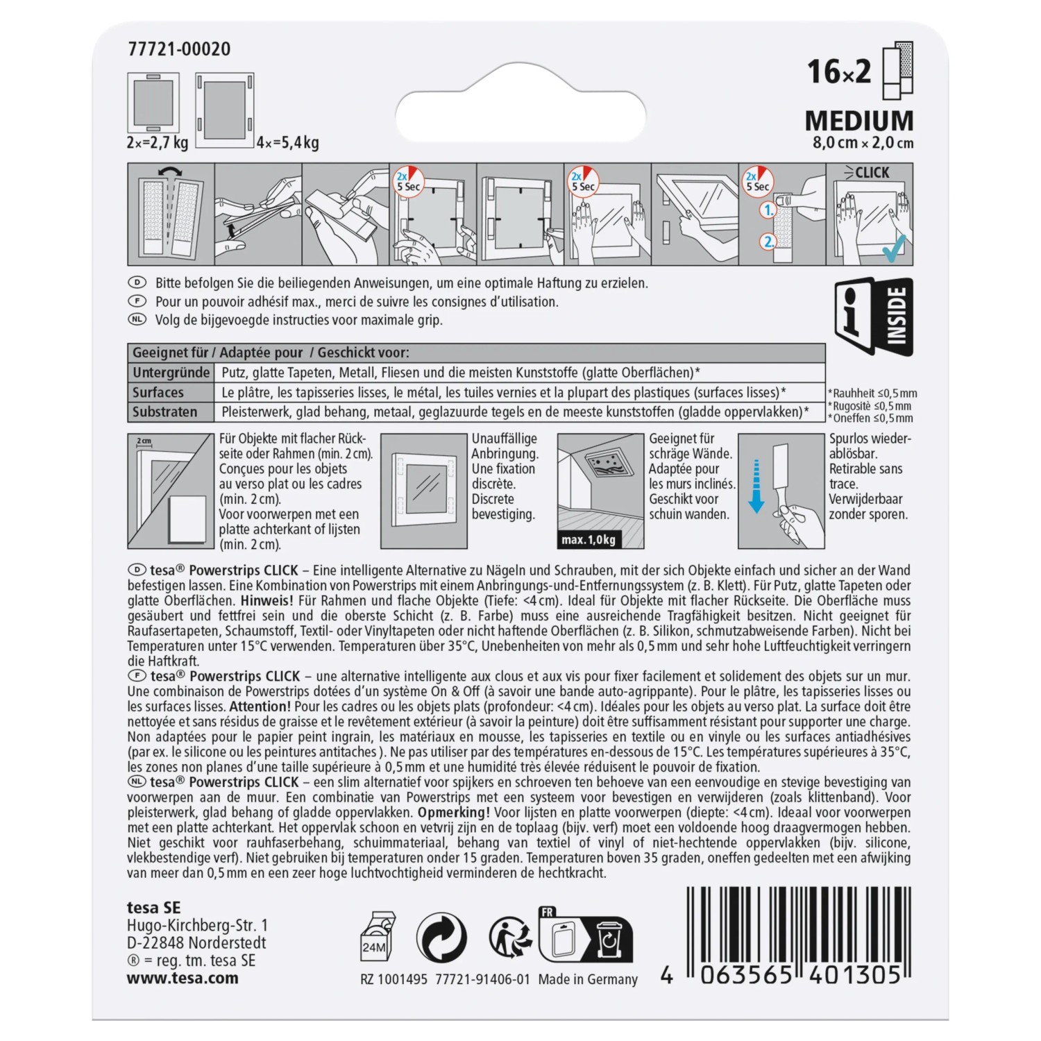 Tesa Powerstrips Click Medium, 16 Stück, für Klebenägel zur einfachen, spurlosen Befestigung von Deko-Objekten.