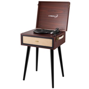 Cyberlux Retro Plattenspieler CL-3081 mit Bluetooth, FM-Radio, USB und SD-Anschluss im Holzgehäuse auf Füßen.