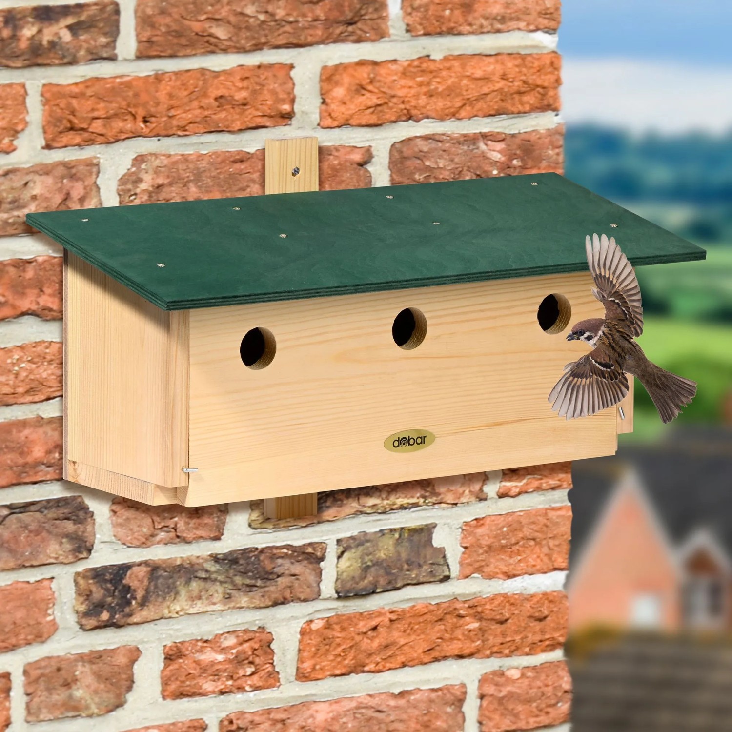 Holz-Nistkasten Vobu für Spatzen an Ziegelwand, mit grünem Dach und 3 Einfluglöchern. Spatz fliegt heran.