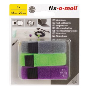 Fix-o-moll Klett-Binder, 3er-Pack in Bunt: Grau, Grün und Lila, 18 cm x 20 mm, für Kabelmanagement.