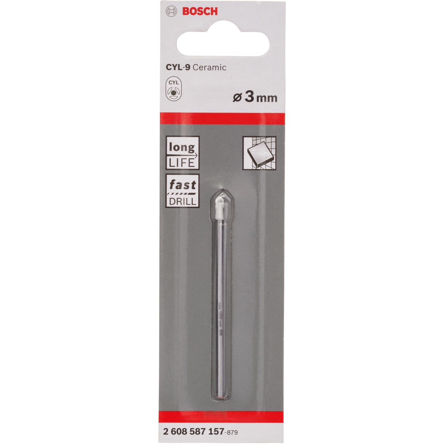 Bosch Fliesenbohrer CYL-9 Ceramic, 3 mm, für präzise Bohrungen in Fliesen.