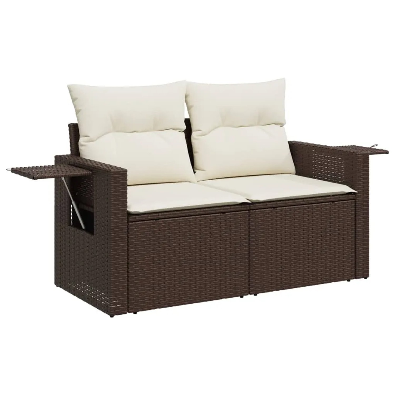 Braune vidaXL Garten-Sofagarnitur aus Rattan mit cremefarbenen Kissen und ausklappbarem Tisch.