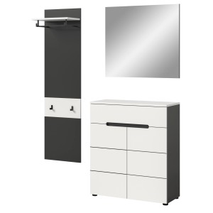 Inn.Furn Garderoben-Set Cooper, 3-teilig in Weiß und Grau, mit Spiegel, Paneel und Schuhkommode.