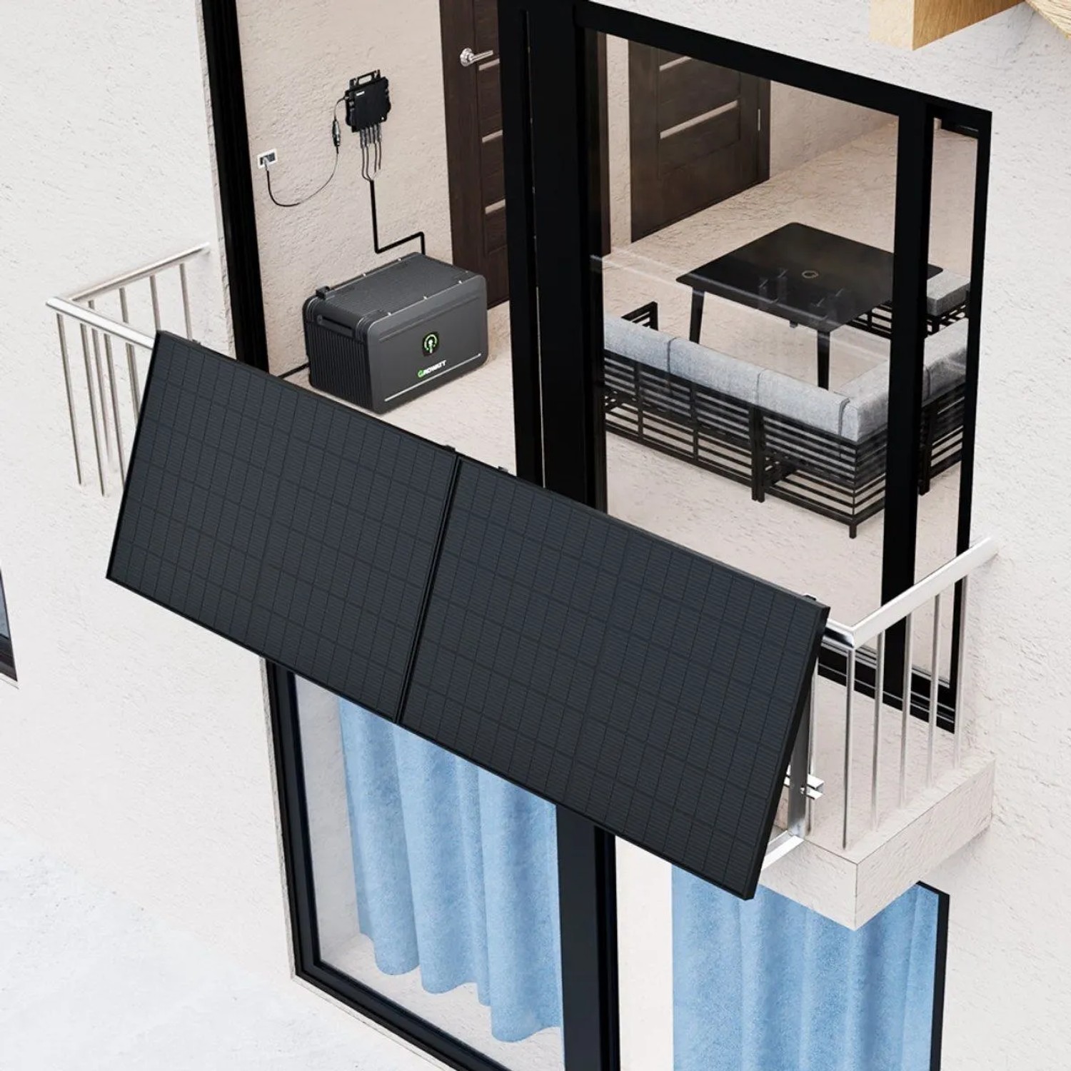Growatt Solarspeicher mit zwei Solarmodulen für Balkonkraftwerk. 4096Wh Speicherkapazität.