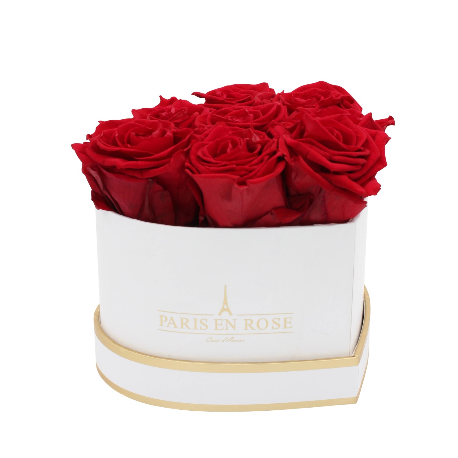 Rosenbox Herz Weiß-Gold mit 8 Bordeaux Rosen