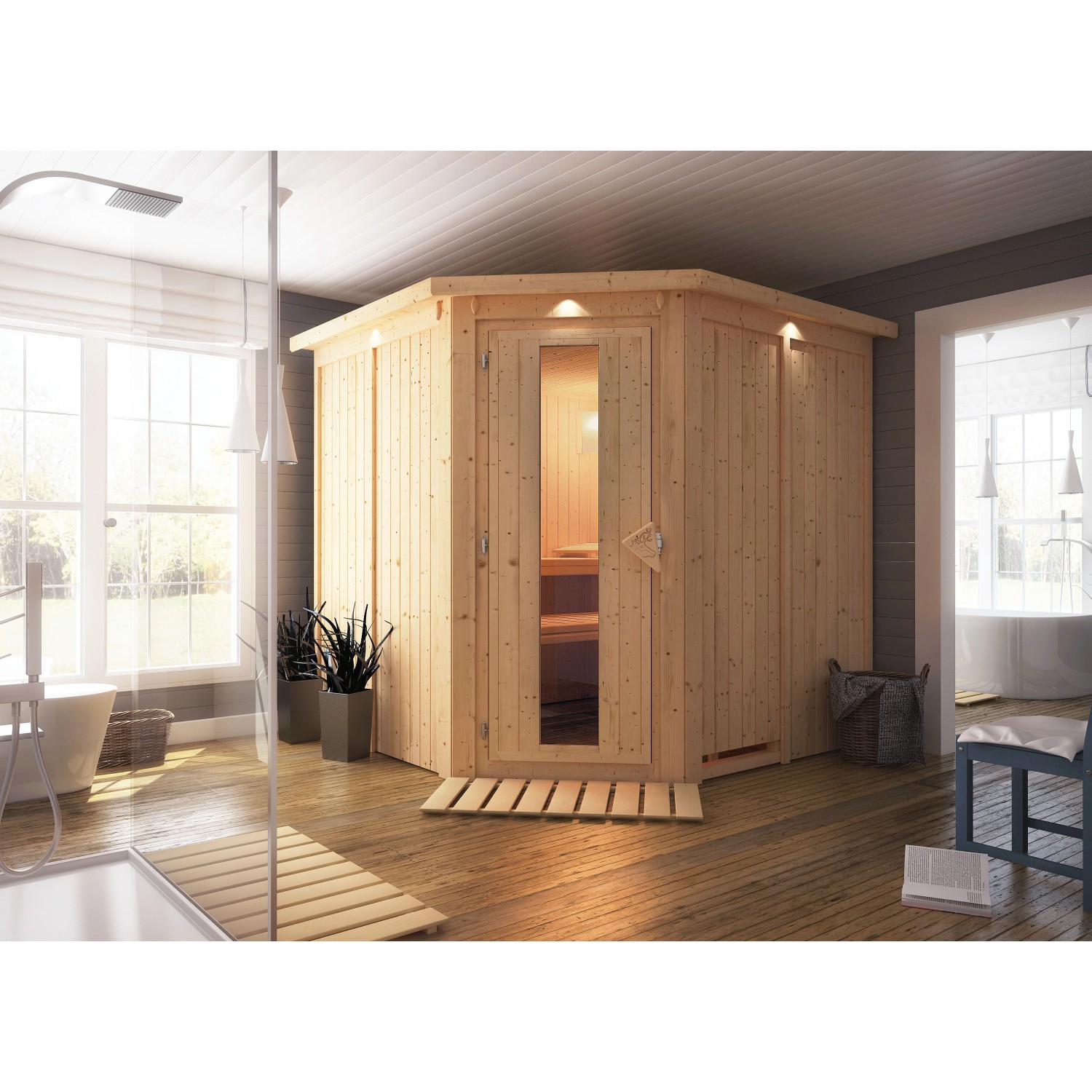 Karibu Sauna Jorma mit Ofen intergrierte Stg.LED-Dachkranz Natur