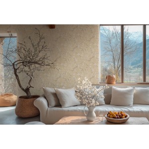 Wohnraum mit A.S. Création Vliestapete Floral in Creme, Braun, Weiß mit Metallic-Effekt.