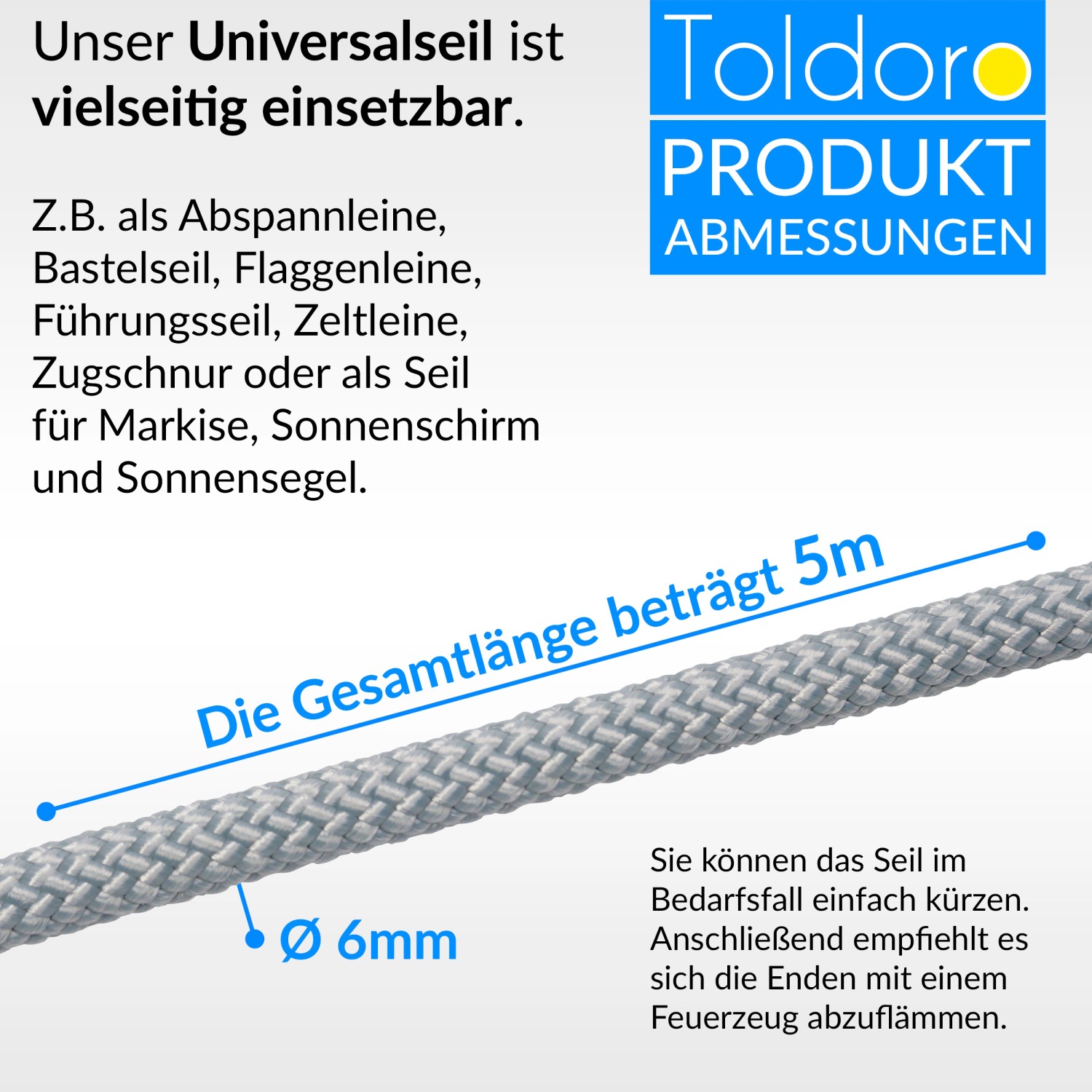 Graues Toldoro Tauwerk, 6mm Durchmesser, 5m Länge, mit Seilklemmen für Sonnensegel und Flaggen.