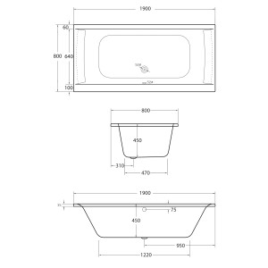 Technische Zeichnung: Ottofond Badewanne Rosa, 190x80 cm, rechteckig, weiße Acryl-Badewanne mit Maßen.