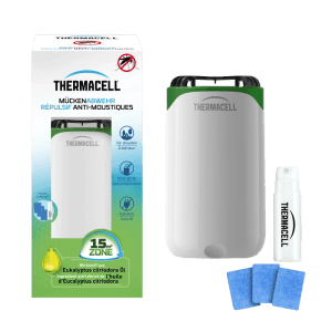 Thermacell Mückenabwehr Protect, weiß-grün, mit Kartusche und Plättchen für 15m² Schutz.