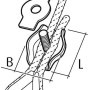 Conacord Simplex-Klemme aus Stahl, 30 mm Länge, sichert Faserseil. Montagebeispiel mit Mutter und Maßen.