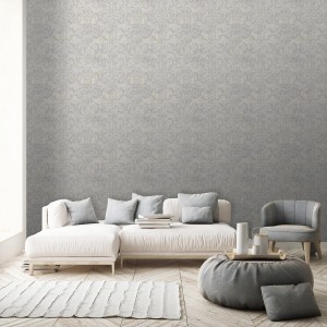 Wohnraum mit grauer Erfurt Vliestapete Eco Deco Ornament mit Barock Muster.